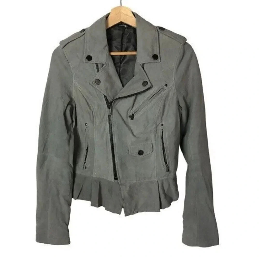 William Rast Light Gray Leather Moto Jacket S